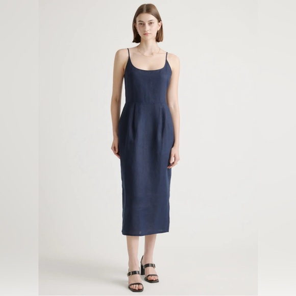 Quince 100% European Linen Scoop Neck Midi Dress - Navy - Picture 4 of 11